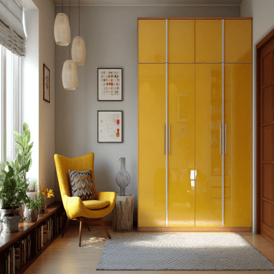 Contemporary 4-Door Swing Wardrobe Design in Marigold Yellow