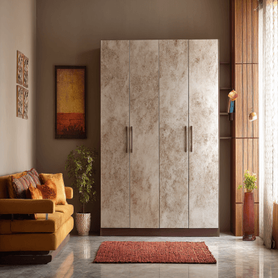 Contemporary 4-Door Swing Wardrobe Design in Sandy Fossil Recon Finish
