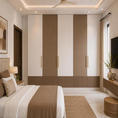 Contemporary 4 Door White And Brown Swing Wardrobe Design With Base Fluted Panelling