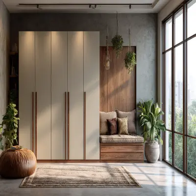 Contemporary 5-Door Swing Wardrobe Design in Caribe and Tawny Balsam