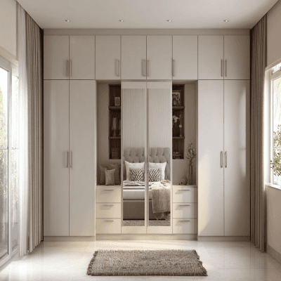 Contemporary 6-Door Swing Wardrobe Design with Tall Cabinets and Mirror