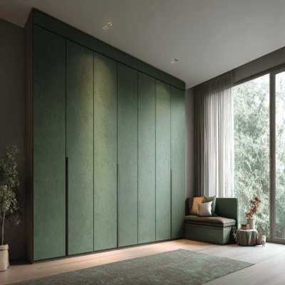 Contemporary 7-Door Swing Wardrobe Design in Dark Green Suede Laminate