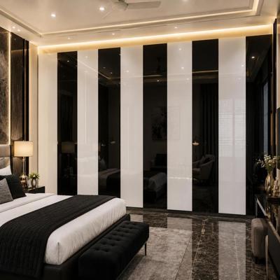Contemporary 8 Door Swing Wardrobe Design With Glossy White And Black Shutters
