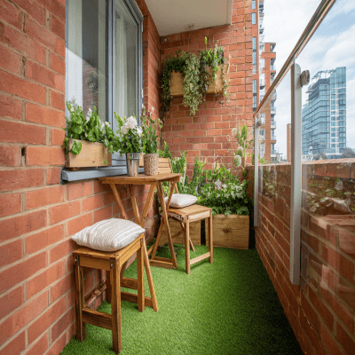 Contemporary Balcony Design with Brick Wall, Artificial Grass and Plants