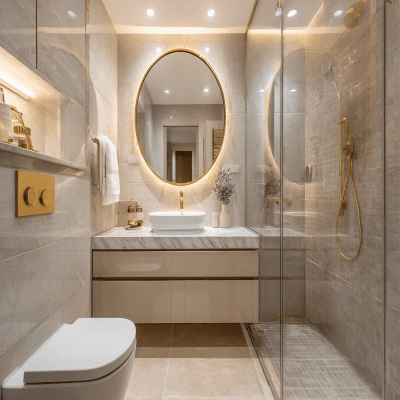 Contemporary Bathroom Design With A Round Mirror Featuring A Golden Frame