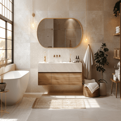 Contemporary Bathroom Design With An Oval-Shaped Mirror