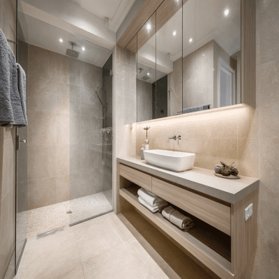 Contemporary Bathroom Design With Beige Wall And Floor Tiles