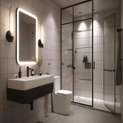 Contemporary Bathroom Design with LED Mirror and Black Shower Enclosure