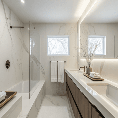 Contemporary Bathroom Design with Quartz Countertop and Marble Wall
