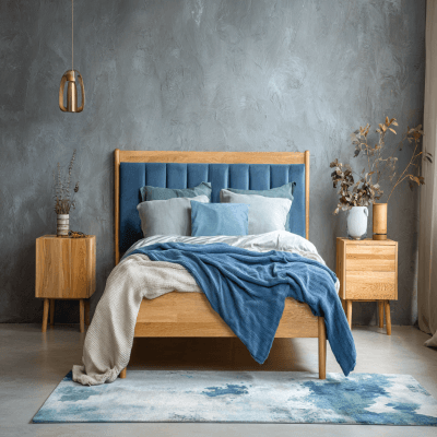 Contemporary Bedroom Design With A Wooden Bed And A Blue Vertical Headboard