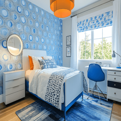 Contemporary Blue Boys Room Design With Wallpaper