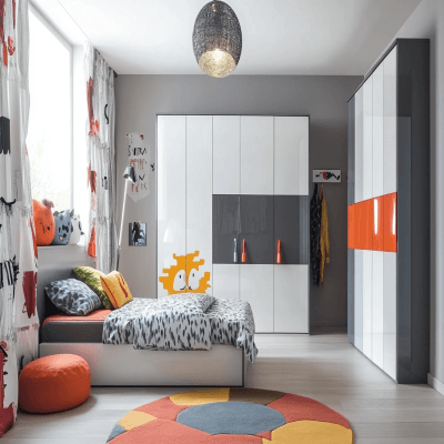 Contemporary Boys Room Design With Grey And White Glossy Wardrobe