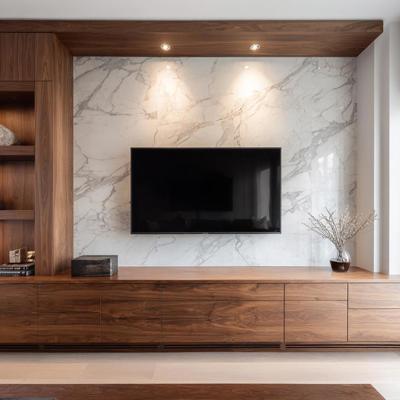 Contemporary Canadian Walnut TV Unit Design With Marble Inspired Panels