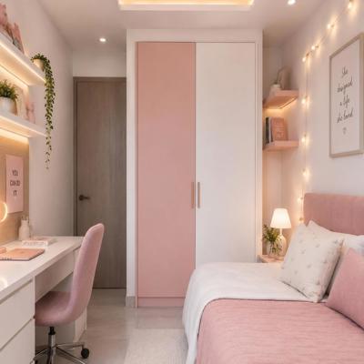 Contemporary Compact Pastel Pink And White Wardrobe Design