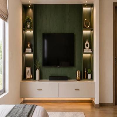 Contemporary Compact Sized TV Unit Design With Green Veneer Back Panel