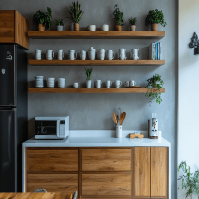 Contemporary Crockery Unit Design in Teak and White Finish