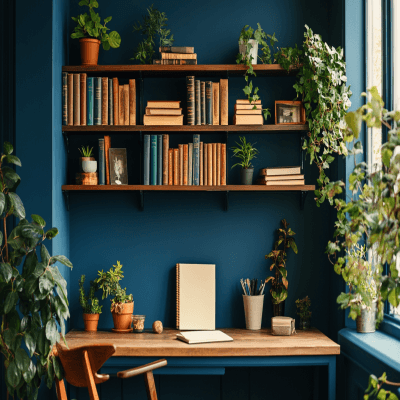 Contemporary Deep Navy Blue Wall Paint Design with Shelving