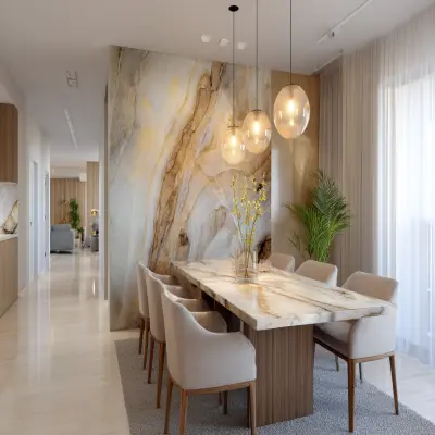 Contemporary Dining Room Design with Marble Table and Accent Wall