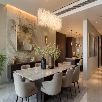 Contemporary Dining Room Design with Marble Table and Crystal Chandelier