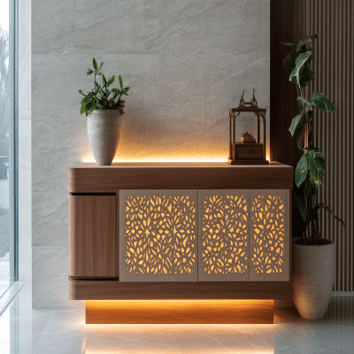 Contemporary Floor-Mounted Contemporary Pooja Design with Intricate Cutwork Panels