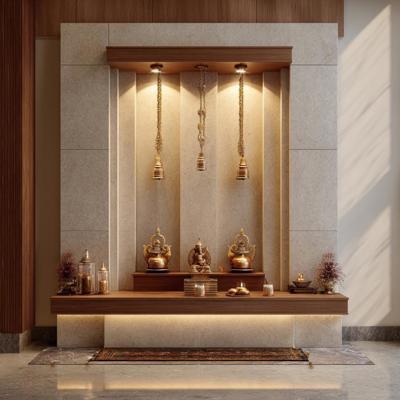 Contemporary Floor Mounted Pooja Design Featuring Bells and Vertical Symmetry
