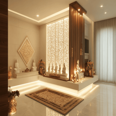 Contemporary Floor-Mounted Pooja Unit Design in White and Walnut Finish