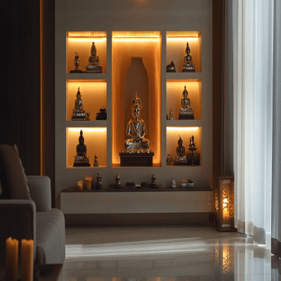 Contemporary Floor-Mounted Pooja Unit Design with Backlit Built-In Niche