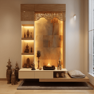 Contemporary Floor-Mounted Pooja Unit Design with Backlit Panel