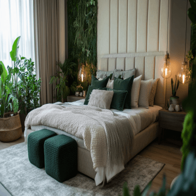 Contemporary Forest-Themed Master Bedroom Design with Boucle Bed