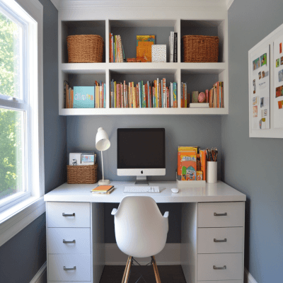 Contemporary Grey Study Room Design With Open Shelves For Storage