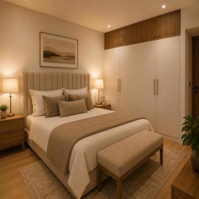 Contemporary Guest Bedroom Design with Upholstered Bed and Wardrobe