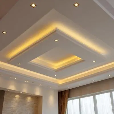 Contemporary Gypsum Square Single Layer False Ceiling Design with Paint Finish