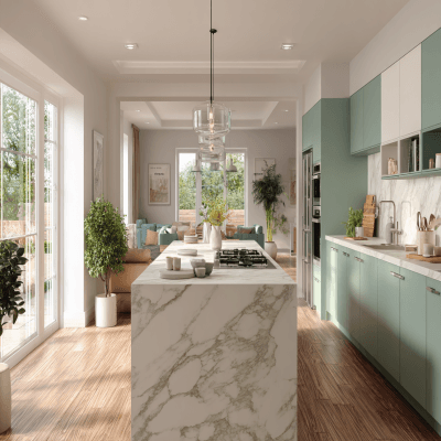 Contemporary Island Kitchen Design in Green and White Hues