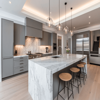 Contemporary Island Kitchen Design With Grey Cabinets and Marble Top