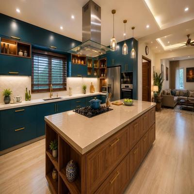 Contemporary Island Kitchen Design With Teal Blue And Wood Cabinets