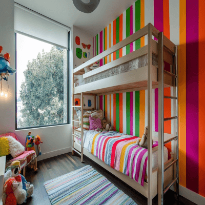 Contemporary Kids Room Design For With Multicoloured Striped Wallpaper