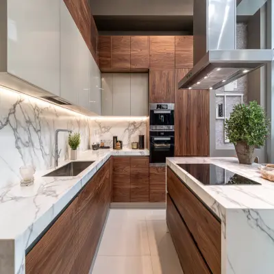 Contemporary L-Shaped Kitchen Design in Warm Wood and White