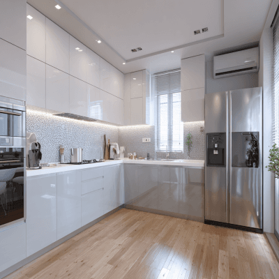 Contemporary L-Shaped Kitchen Design in White and Grey