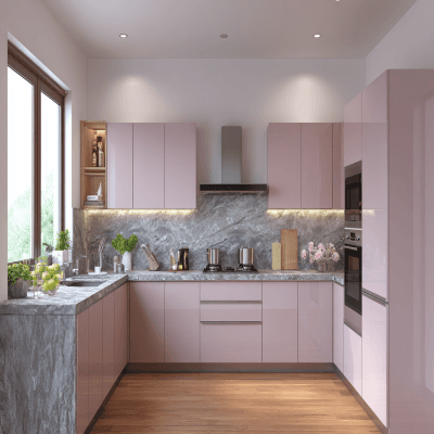 Contemporary L-Shaped Kitchen Design with Blossom Magnolia and Granite Countertops