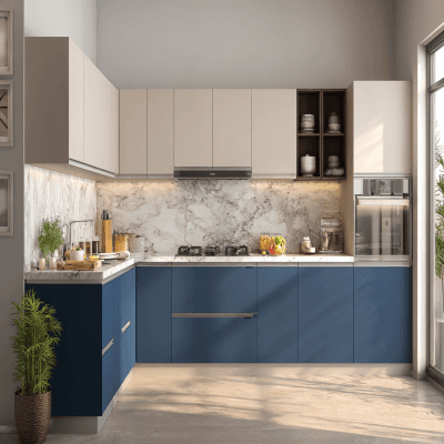 Contemporary L-Shaped Kitchen Design with Denim and Beige Suede Finish