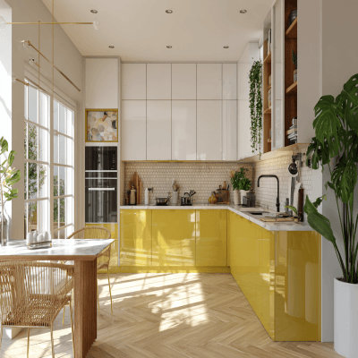 Contemporary L-Shaped Kitchen Design with Gloss Cabinets and Tall Storage