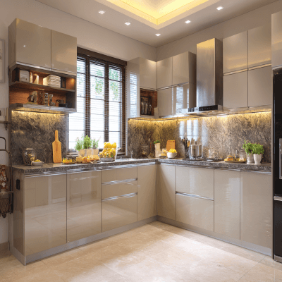 Contemporary L Shaped Kitchen Design with Granite Countertops and High Gloss Finish