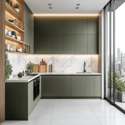 Contemporary L-Shaped Kitchen Design With Green Cabinets and Marble Top