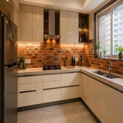 Contemporary L Shaped Modular Kitchen Design With Brick Patterned Dado Tiles