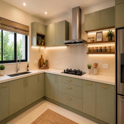 Contemporary L Shaped Modular Kitchen Design With Pastel Green Cabinets