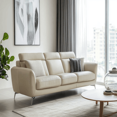 Contemporary Living Room Design with 3 Seater Sofa with Cream Leather Sofa