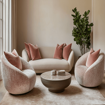 Contemporary Living Room Design with Beige Sofa and Dusty Rose Armchairs