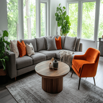 Contemporary Living Room Design with Grey Sofa and Orange Accent Chair