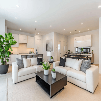 Contemporary Living Room Design with White Sofas and Black Coffee Table