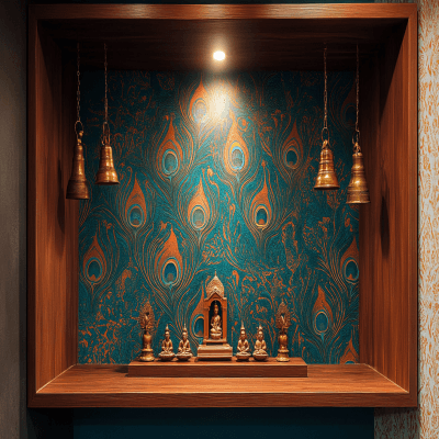 Contemporary Mandir Design With Peacock-Textured Wallpaper
